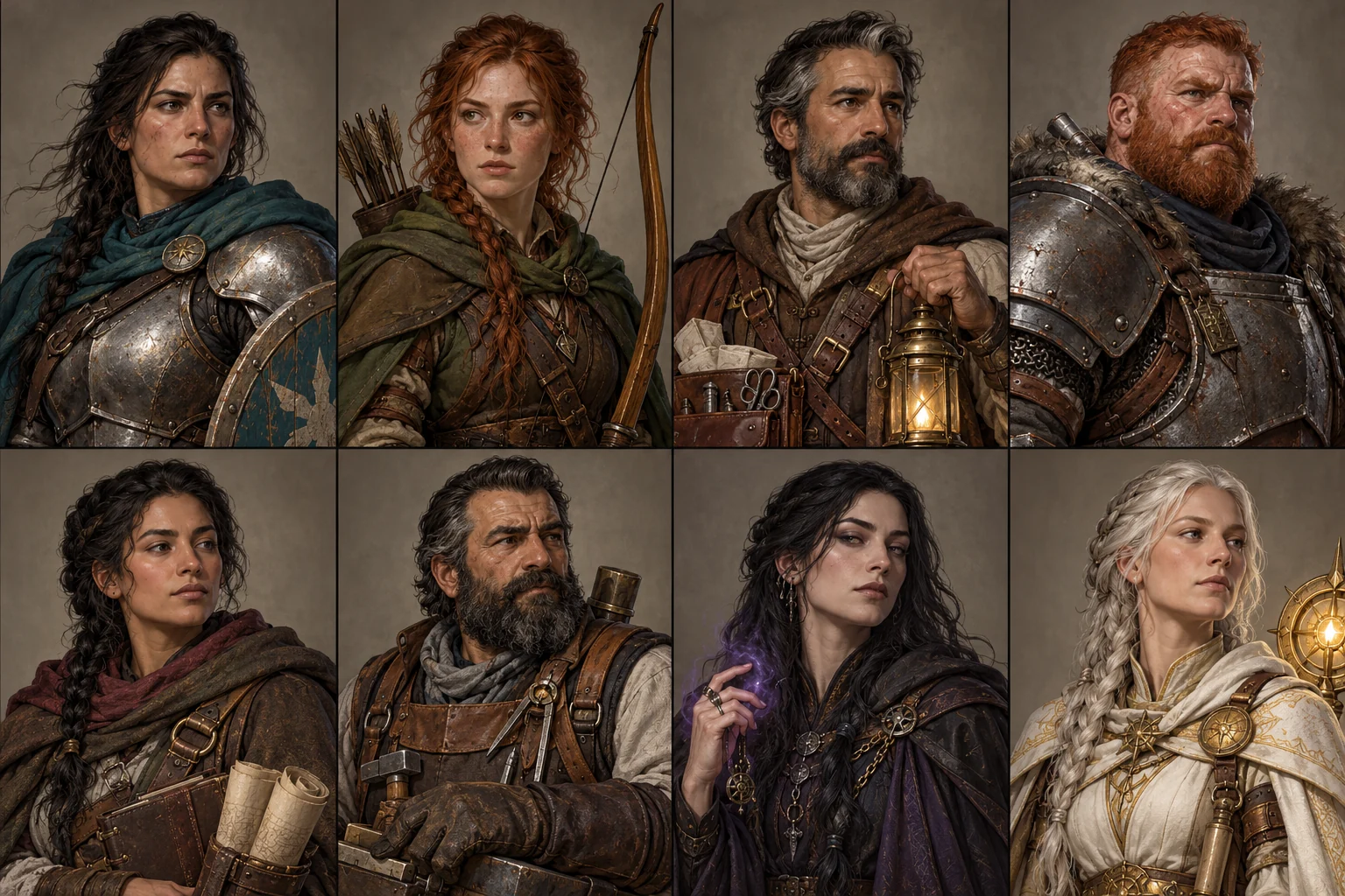 Portrait concepts for eight Sunderward starter heroes